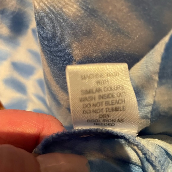 Blouse is a buttery soft blue and white tie-dye with roll up sleeves. - Picture 7 of 8